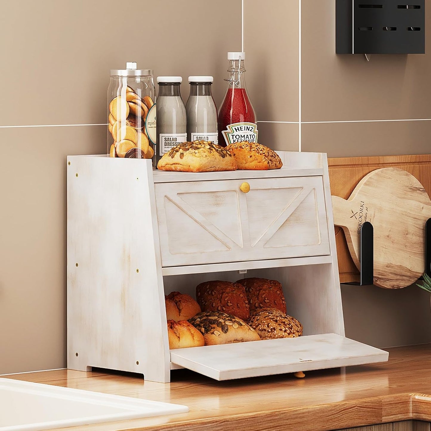 Vintage Double Layer Bread Box for Kitchen Counter Bamboo Bread Storage Container Large Capacity Bread Storage Bin (Antique White)