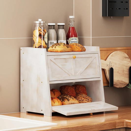 Vintage Double Layer Bread Box for Kitchen Counter Bamboo Bread Storage Container Large Capacity Bread Storage Bin (Antique White)