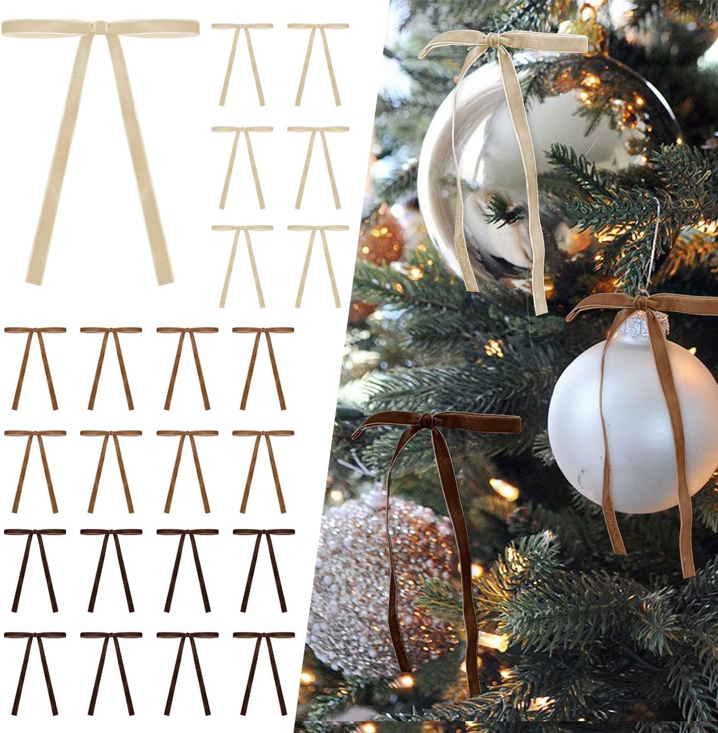 SIMISI RIBBON 24Pcs Fall Christmas Velvet Ribbon Bows Decorations Xmas Ornaments Vintage Decor for Tree, Wreath, Garland (3/8'' Width, 5 * 7 inch)