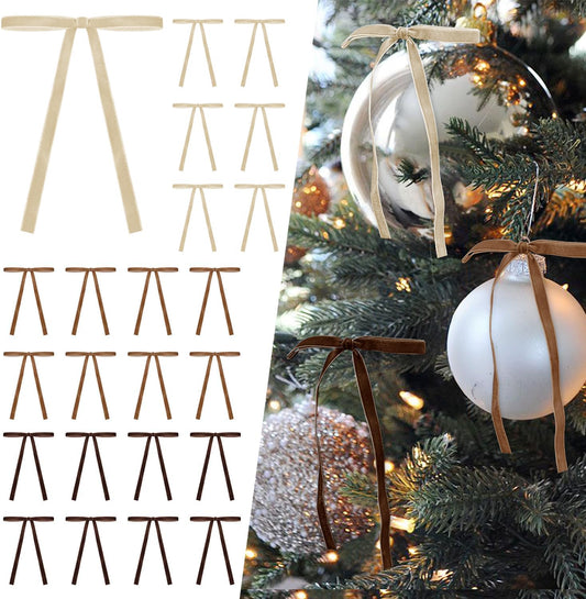 SIMISI RIBBON 24Pcs Fall Christmas Velvet Ribbon Bows Decorations Xmas Ornaments Vintage Decor for Tree, Wreath, Garland (3/8'' Width, 5 * 7 inch)