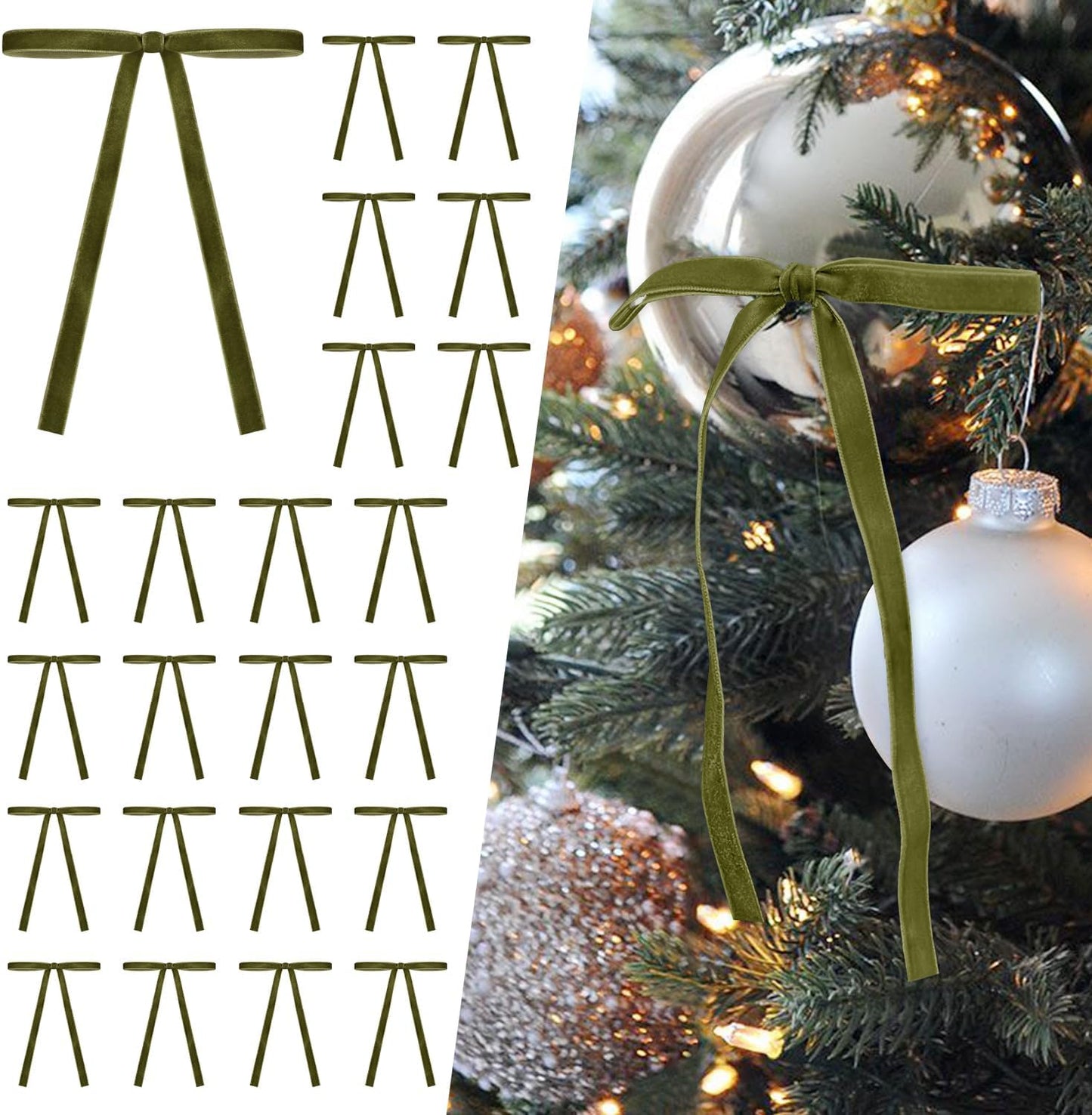 SIMISI RIBBON 24Pcs Olive Green Christmas Velvet Ribbon Bows Decorations Xmas Ornaments Vintage Decor for Tree, Wreath, Garland (3/8'' Width, 5 * 7 inch)