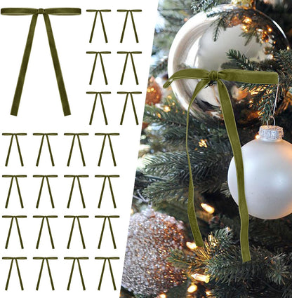 SIMISI RIBBON 24Pcs Olive Green Christmas Velvet Ribbon Bows Decorations Xmas Ornaments Vintage Decor for Tree, Wreath, Garland (3/8'' Width, 5 * 7 inch)