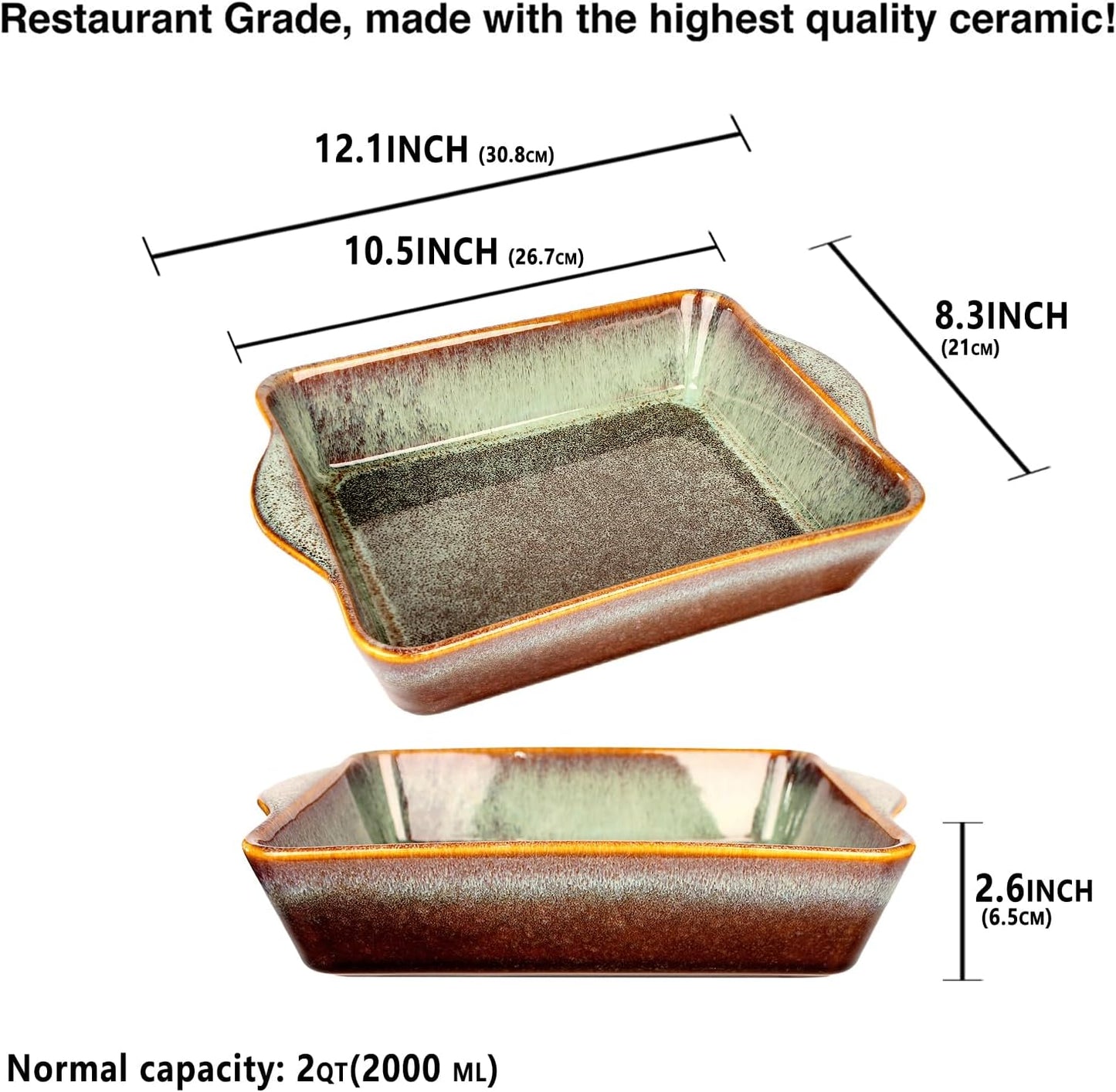 Rectangular 10 x 8 Casserole Dish, 2 Qt Ceramic Au gratin Baking Dish with Handles, Or for mixing, salad, pasta plate, Best gift for those who love baking, Microwave, Oven safe
