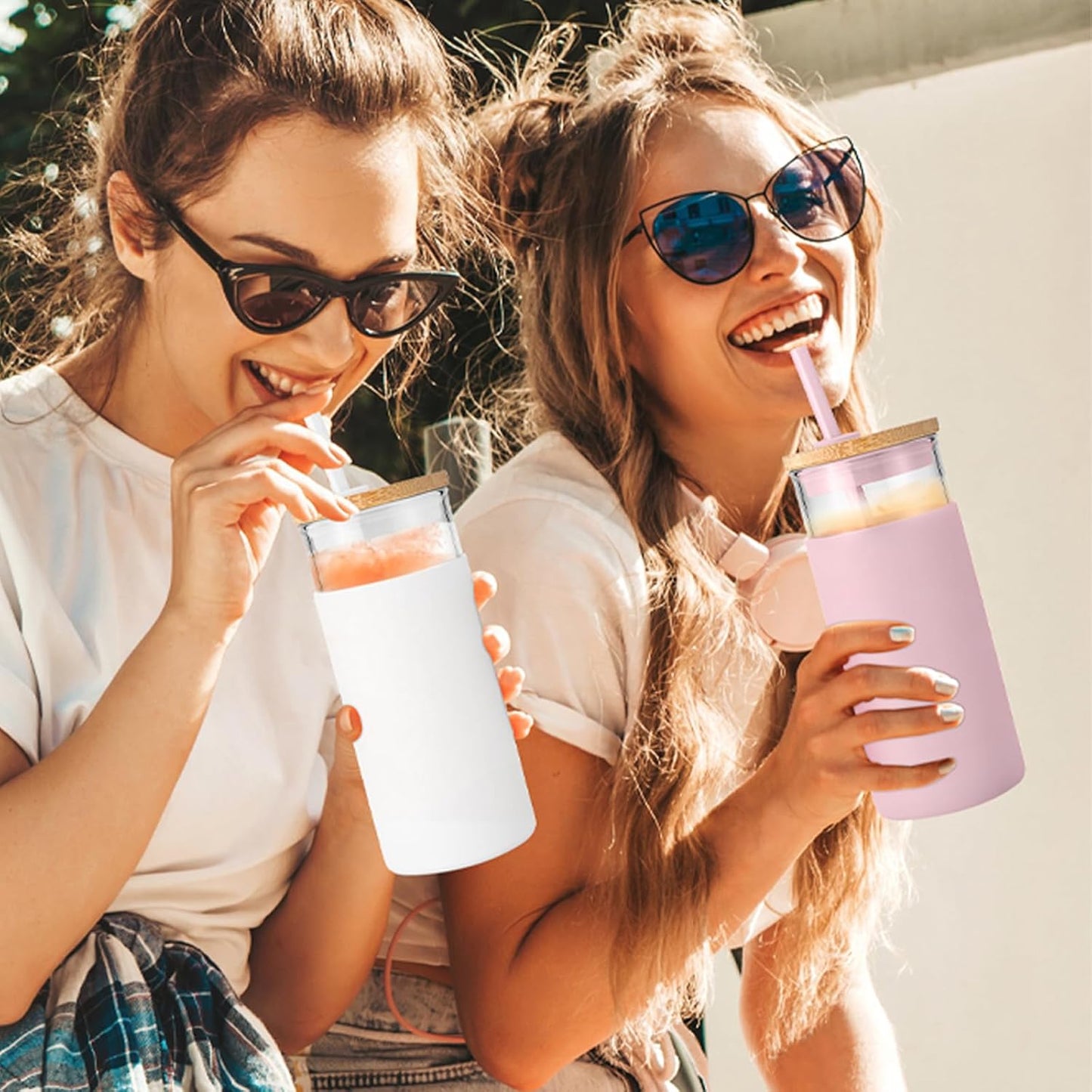 Tronco 20 oz Glass Tumbler with Lid and Straw, Iced Coffee Cup and Smoothie Cup with Bamboo Lids & Protective Silicone Sleeve, Dishwasher Safe, BPA-Free, Pink 1 Pack