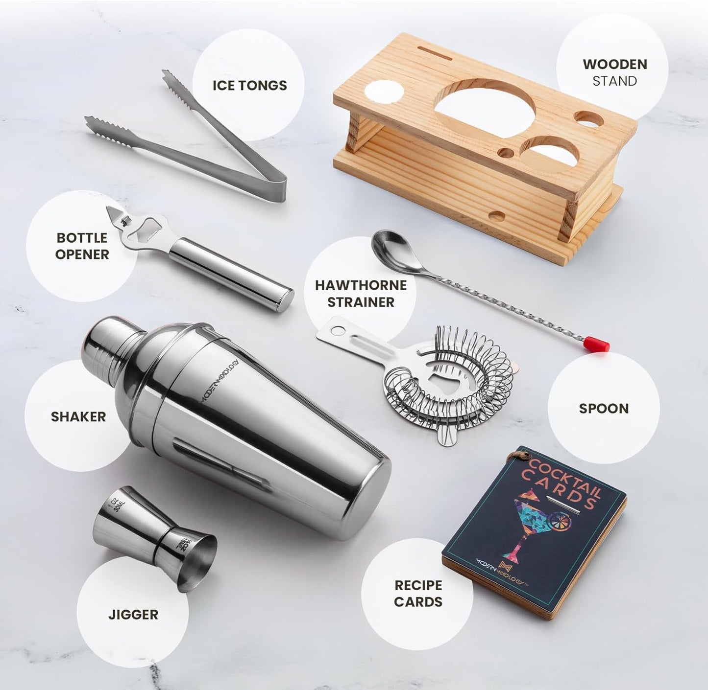 Modern Mixology Cocktail Shaker Set - 8 Piece Bartender Kit with Martini Shaker and Popular Bar Accessories on Quality Pine Stand - Leak Proof Design (Silver)