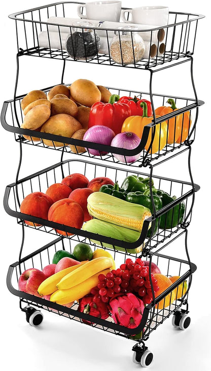 Miyawell Fruit Vegetable Storage Basket, 4 Tier Stackable Metal Wire Storage Baskets with Wheels, Fruit Vegetable Produce Basket Organizer Bins for Kitchen, Pantry, Bathroom
