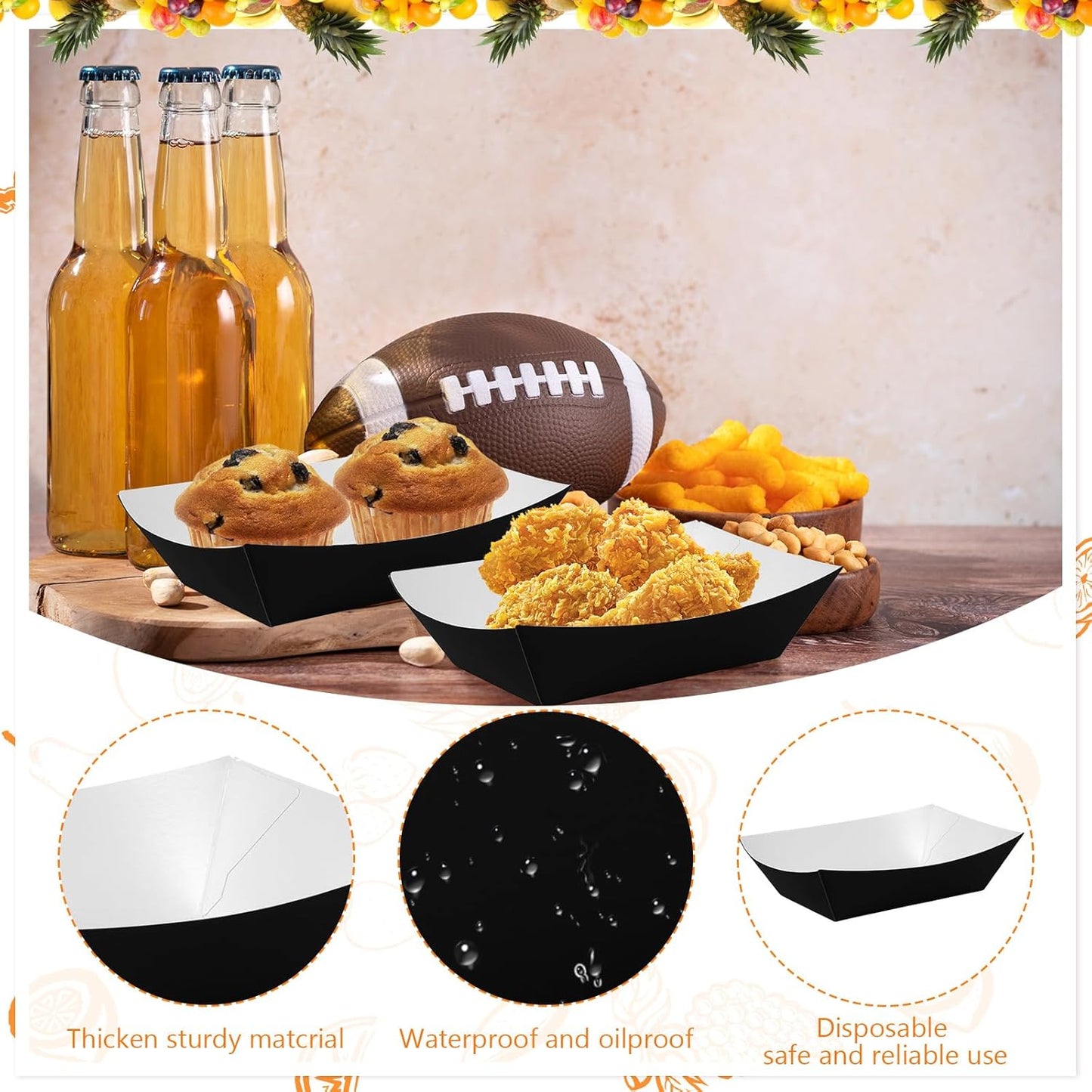 100 Pcs Black Paper Food Tray Sturdy Disposable Food Boats Nacho Plates Disposable Serving Snack Trays for Catering, Party Birthday Supplies, and Food Service (Black)