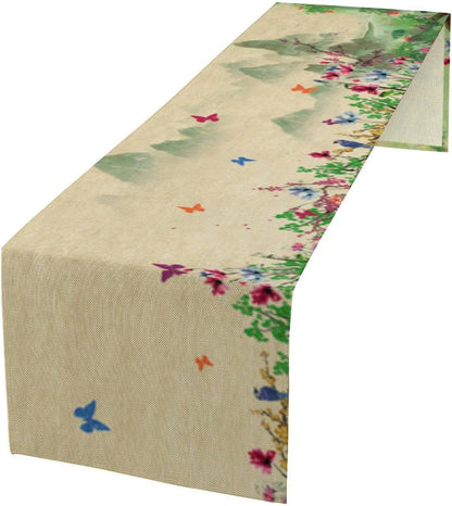 Butterfly Table Runner, Landscape Ancient Chinese Mountain Fall Seasonal Flowers Plants Trees Table Runner for Kitchen Home Party Dining Table Decor 13x36 Inch