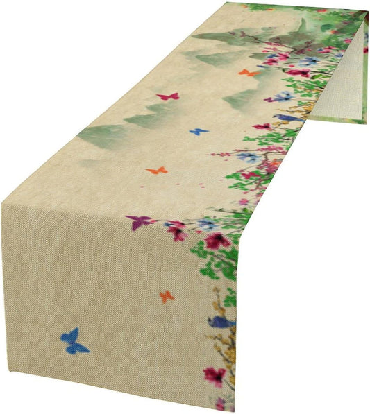 Butterfly Table Runner, Landscape Ancient Chinese Mountain Fall Seasonal Flowers Plants Trees Table Runner for Kitchen Home Party Dining Table Decor 13x36 Inch