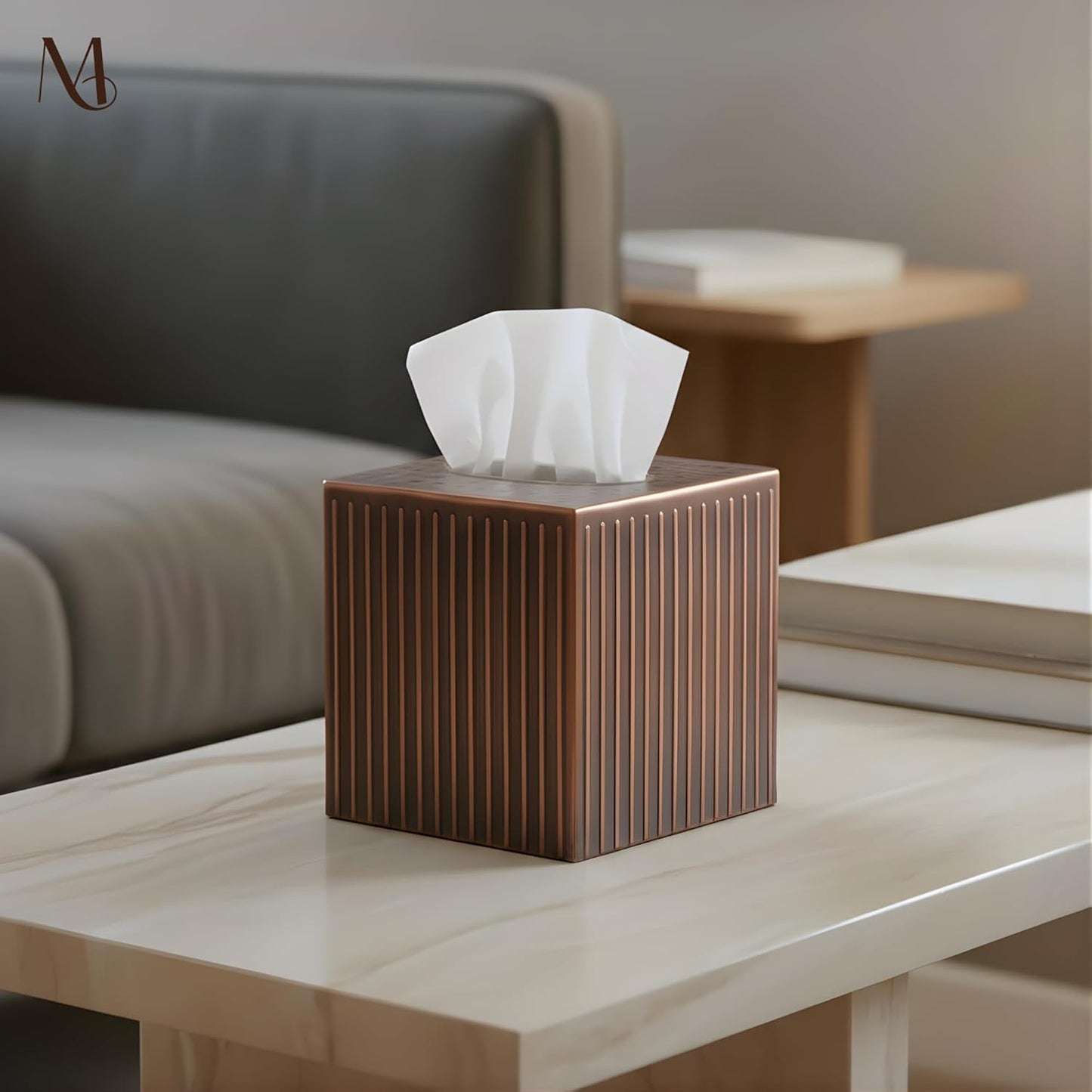 Monarch Abode Tissue Box Cover Square – Handcrafted Ridge Embossed Antique Copper Metal Tissue Holder Box for Bathroom Accessory, Aesthetic Decorative Facial Napkin Cube for Modern Home Decor