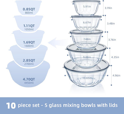 WhiteRhino Glass Mixing Bowls with Lids Set of 5（4.70QT,2.85QT, 1.69QT,1.11QT,0.85QT,Glass Bowls with Lids,Large Salad Bowls Space-Saving Nesting for Cooking,Baking,Prepping,Dishwasher Safe