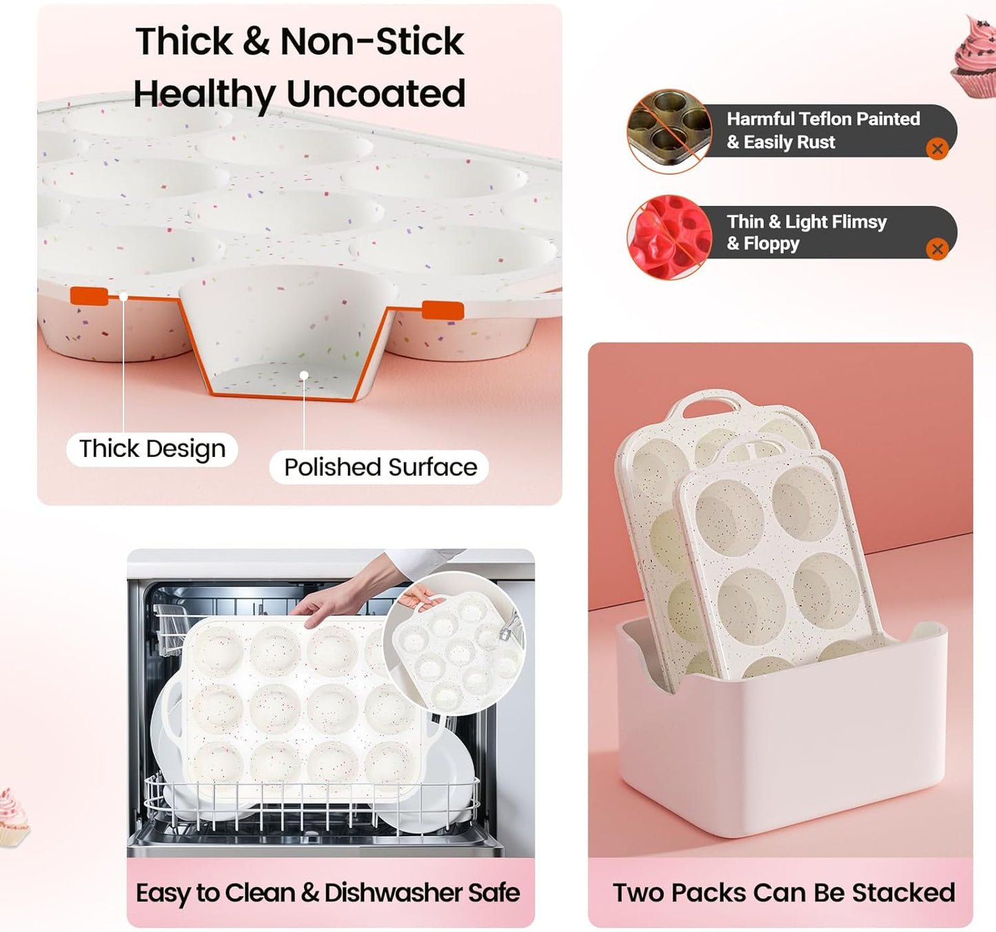 Silicone Muffin Pans for Baking with Metal Reinforced Frame 2 Pack with 24 Pack Individual Cupcake Containers, Nonstick Silicone Cupcake Pan for Baking Homemade Muffins, Dishwasher Safe BPA Free