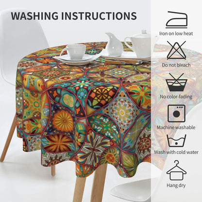 Mexican Ceramic Round Tablecloth, Colorful Talavera Tile Mandala Traditianal Boho Water Resisitant Wipeable Table Cover for Dining Kitchen Living Room Home Party Holiday Decor 36 inch Round