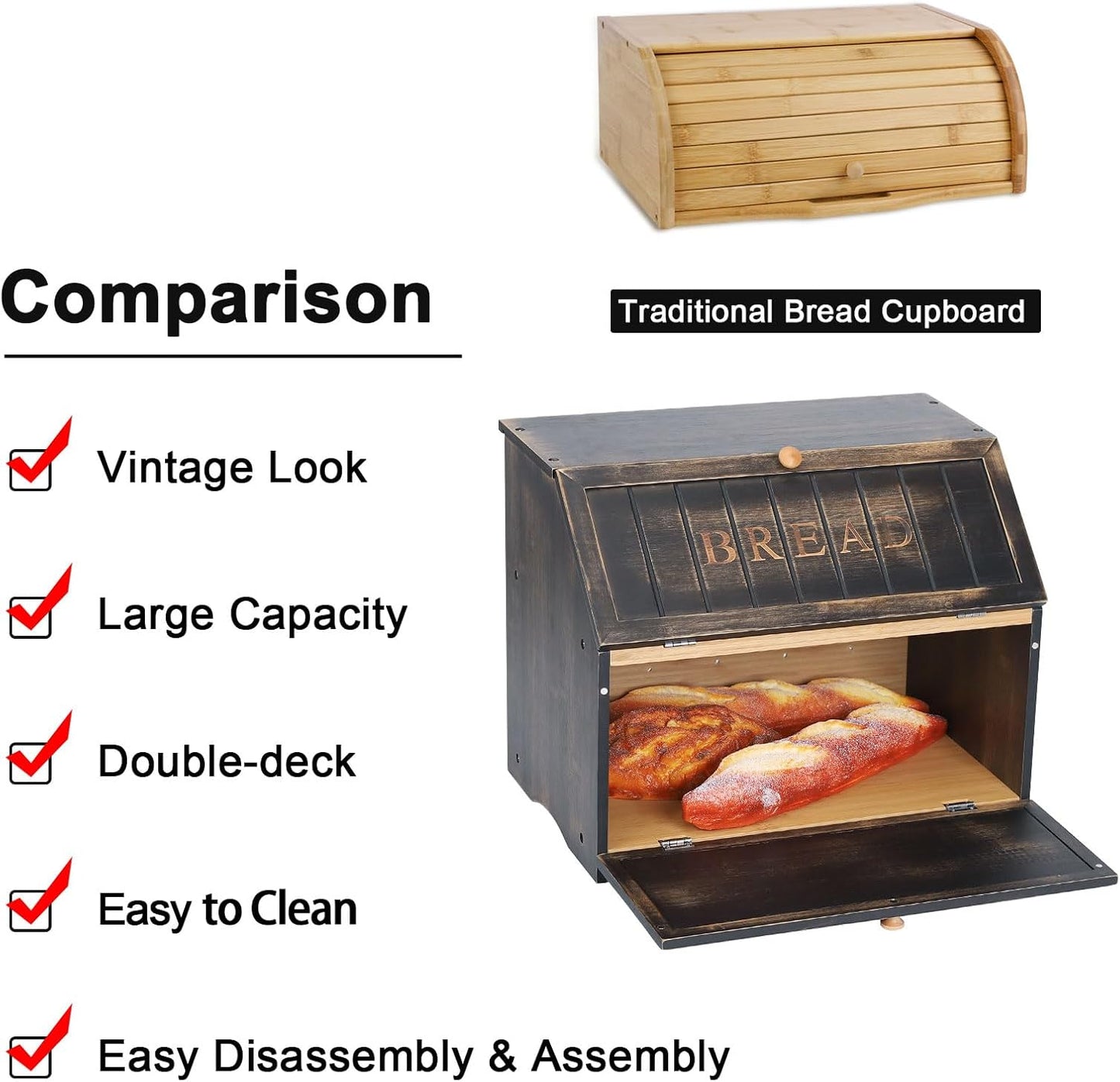 HOMEKOKO Double Layer Large Bread Box for Kitchen Counter, Retro Design Wooden Large Capacity Bread Storage Bin (Vintage Black)