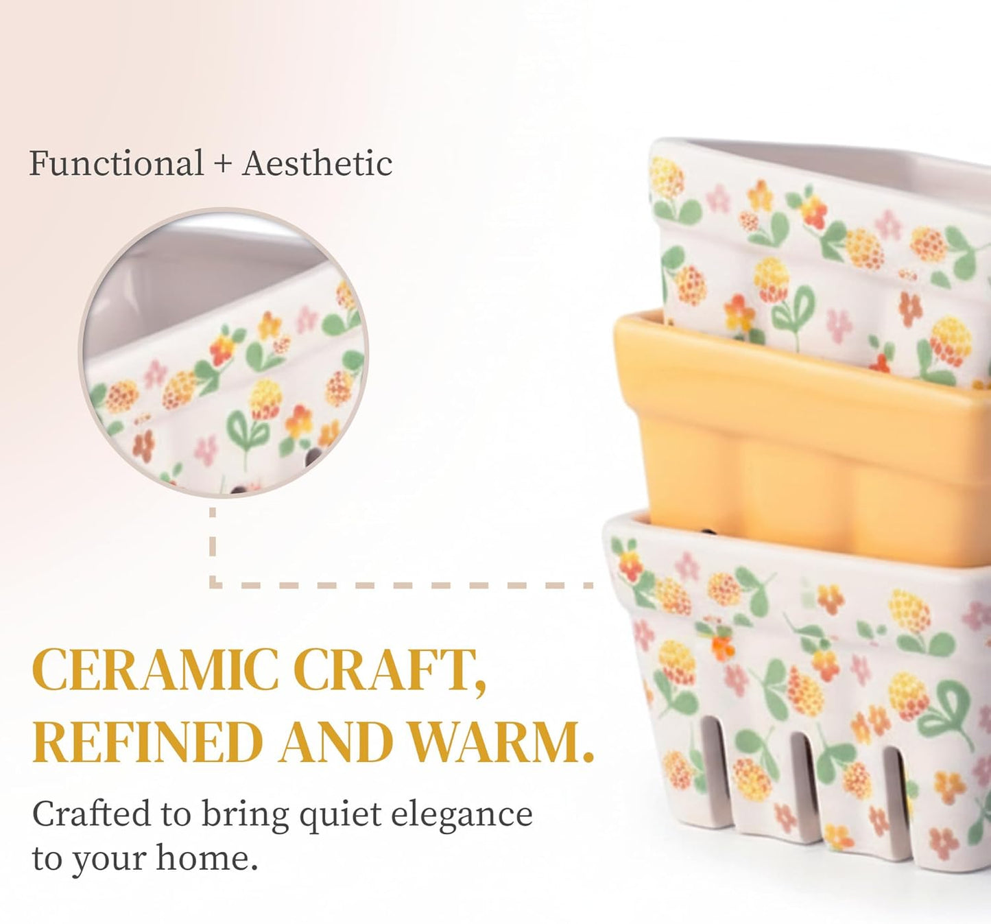 BIEN BEAU Ceramic Berry Basket, Farmhouse Colander, Farmers Market square Bowl. Rustic Kitchen decor fruit bowls, Fruit Baskets, Yellow, White and floral pattern Stoneware Harvest Bowls Set of 4