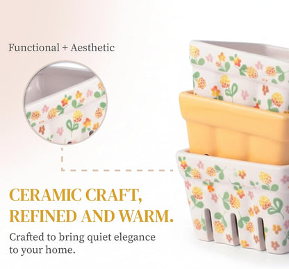 BIEN BEAU Ceramic Berry Basket, Farmhouse Colander, Farmers Market square Bowl. Rustic Kitchen decor fruit bowls, Fruit Baskets, Yellow, White and floral pattern Stoneware Harvest Bowls Set of 4