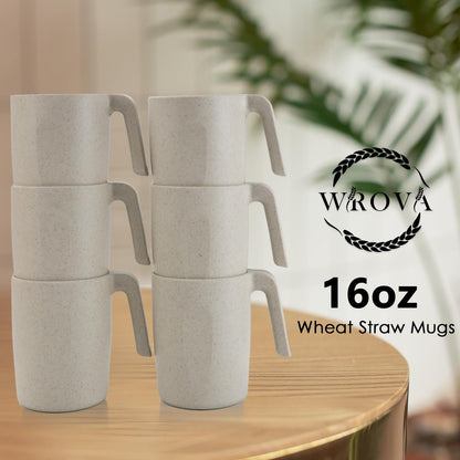 Wrova 16oz Wheat Straw Cups with handles set of 6-Plastic Cups Reusable-Unbreakable Kids Mugs-Dishwasher Safe & Microwave Safe-Ideal Plastic Mugs for Tea,Coffee,Camping,RV-Beige
