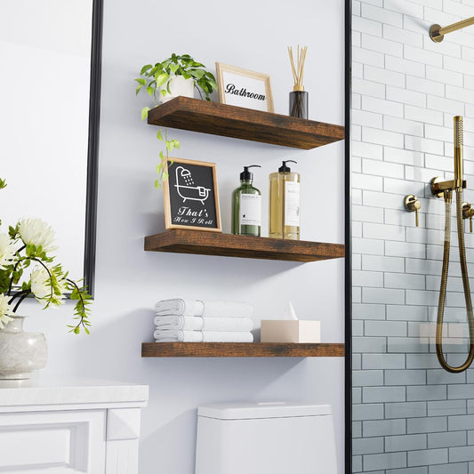 BAYKA Floating Shelves Bathroom for Wall – Shelf Over Toilet Farmhouse Rustic Wood for Bedroom, Kitchen, or Living Room Decor Organization, Christmas Decor Shelves – Rustic Brown, Set of 3