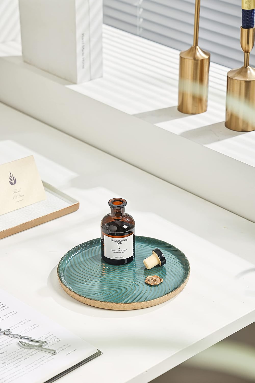 Vanity Tray with Brown Trim - Candle & Perfume Holder Organizer - Round, Green, 8"8" - Home Decor for Dresser, Table, Bathroom Countertop