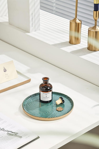 Vanity Tray with Brown Trim - Candle & Perfume Holder Organizer - Round, Green, 8"8" - Home Decor for Dresser, Table, Bathroom Countertop