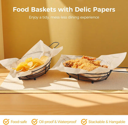 12 Pack French Fries Baskets, Black Iron Serving Baskets with Handles, Oval Mesh Food Presentation Trays with 50 Deli Papers, Fried Food Bowls, Small Fryer Holders for Parties, BBQ, Kitchen