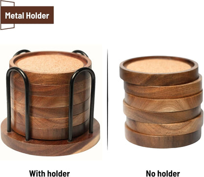 Wood Coasters for Drinks with Wooden Holder, Wooden Coaster with Cork for Tabletop Protection, Drink Coasters for Coffee Table, 4.13 Inch, Set of 6 (Modern Coasters with Metal Holder)