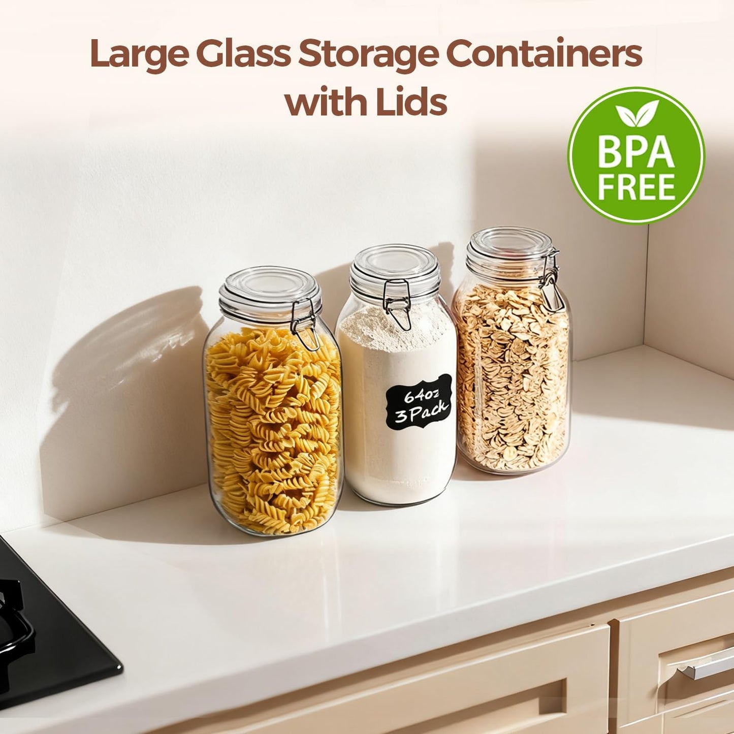 ComSaf Large Glass Jars with Lid 0.5 Gallon, Large Mason Jars Set of 3, Glass Canisters with Airtight Lids, Half Gallon Canning Jar with Seal Wire Clip Fastening for Kitchen, Pickle, Flour, Sugar