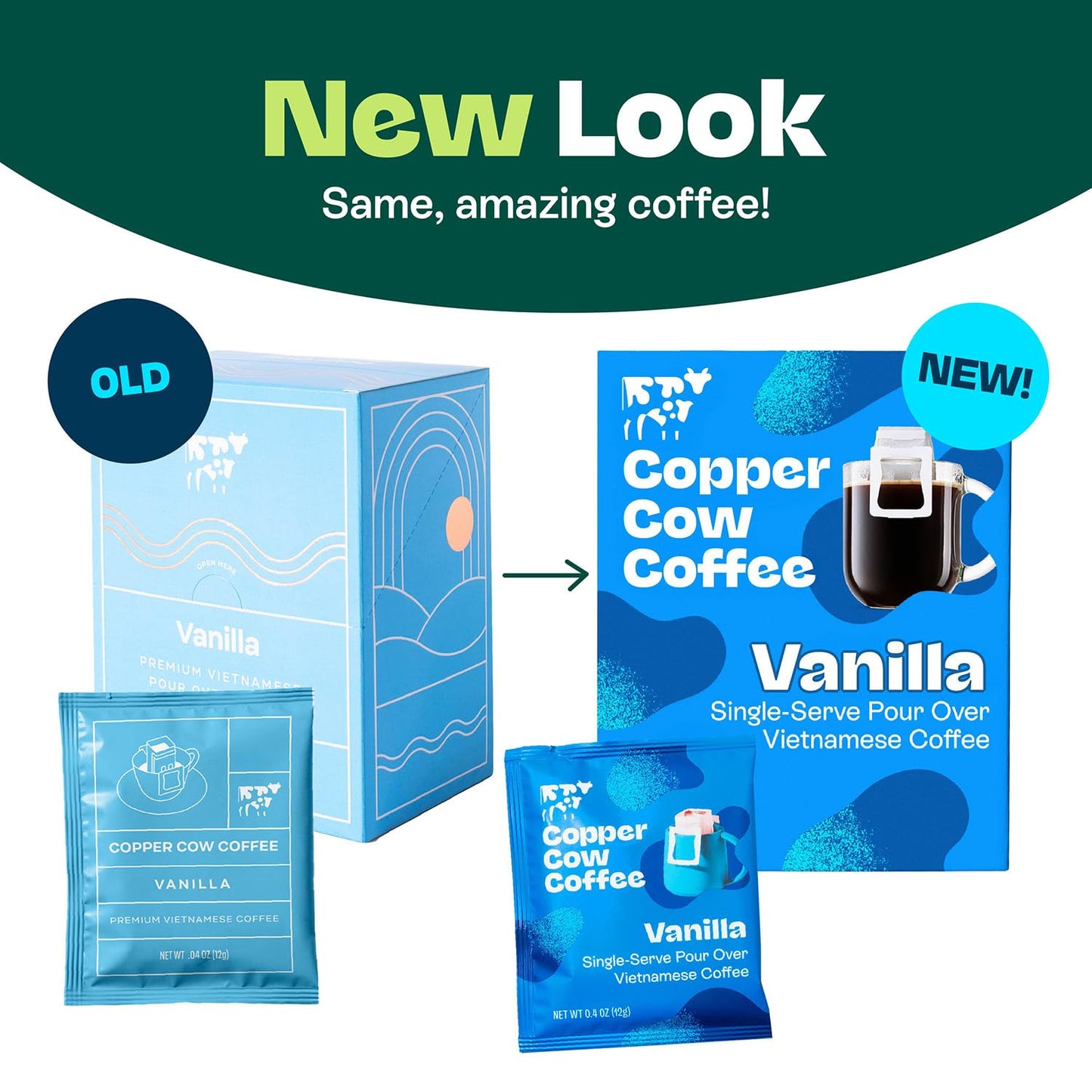 Copper Cow Coffee Pour Over Vietnamese Coffee Pouches + Sweetened Condensed Milk Creamers (8 Coffees & 8 Milk Creamers) | Vanilla Lattes, No Refrigeration Needed, Travel Friendly Ground Coffee