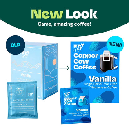 Copper Cow Coffee Pour Over Vietnamese Coffee Pouches + Sweetened Condensed Milk Creamers (8 Coffees & 8 Milk Creamers) | Vanilla Lattes, No Refrigeration Needed, Travel Friendly Ground Coffee