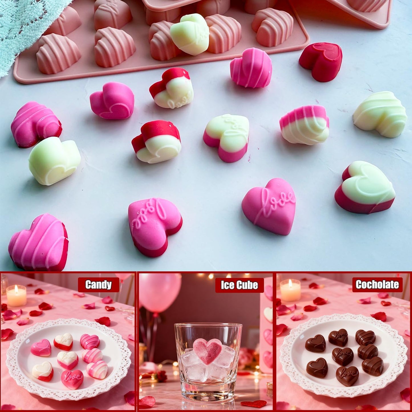 2 Pcs Heart Candy Chocolate Molds, Valentine's Day Mold Mini Heart Shaped Silicone Molds Small heart Ice Cube Mold for Jelly Resin Fondant Candle Valentine’s Day/Anniversary/Wedding DIY Baking