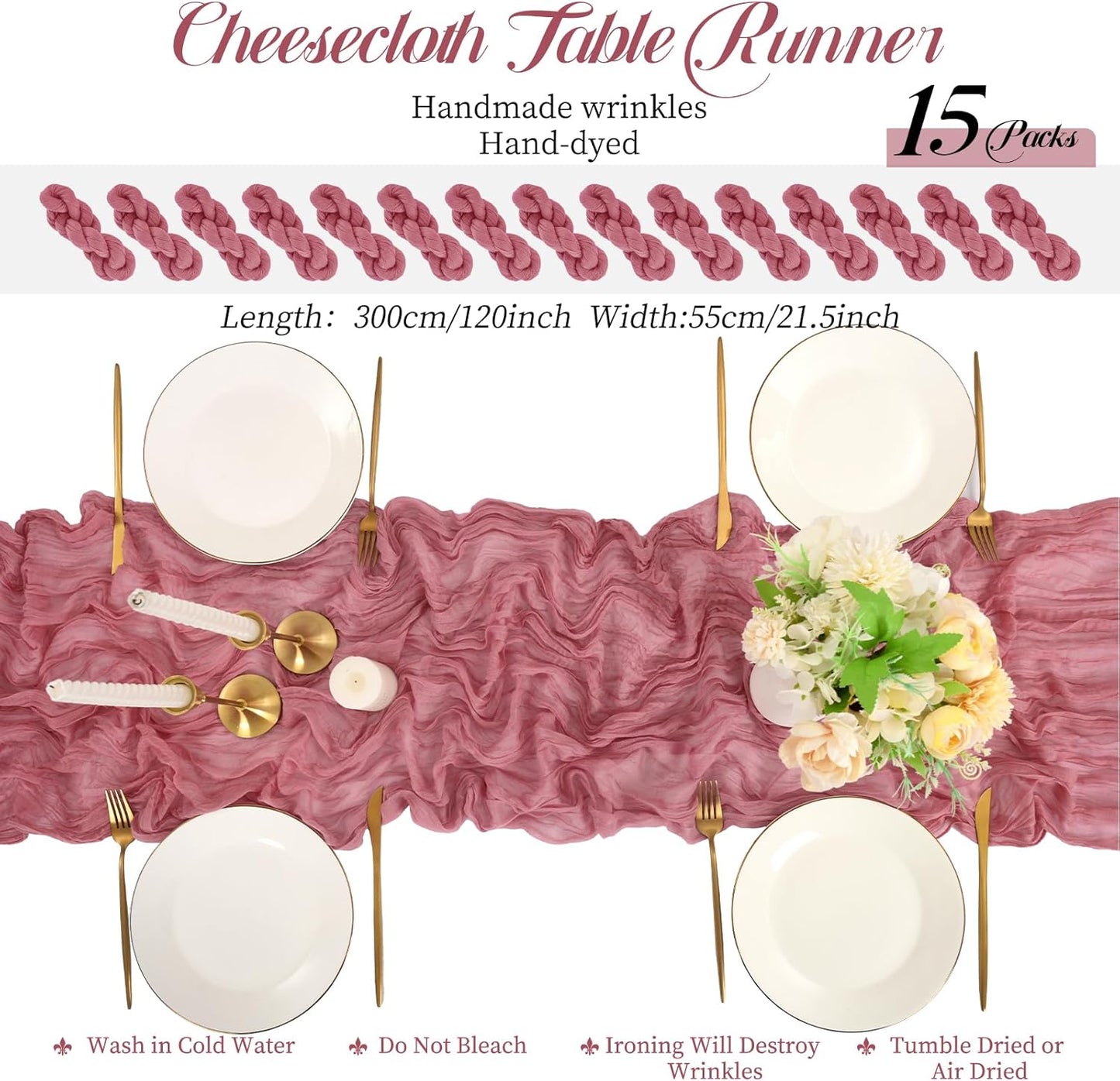 15 Packs Cheesecloth Table Runner Dusty Rose,10 Ft Dark Pink Rustic Gauze Boho Wedding Table Runner Decoration, Wedding Table Decor Table Cloth for Wedding Party Bridal Shower Table,21.5x120in