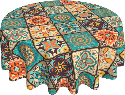 Mexican Ceramic Round Tablecloth, Colorful Talavera Tile Mandala Traditianal Boho Water Resisitant Wipeable Table Cover for Dining Kitchen Living Room Home Party Holiday Decor 60 inch Round