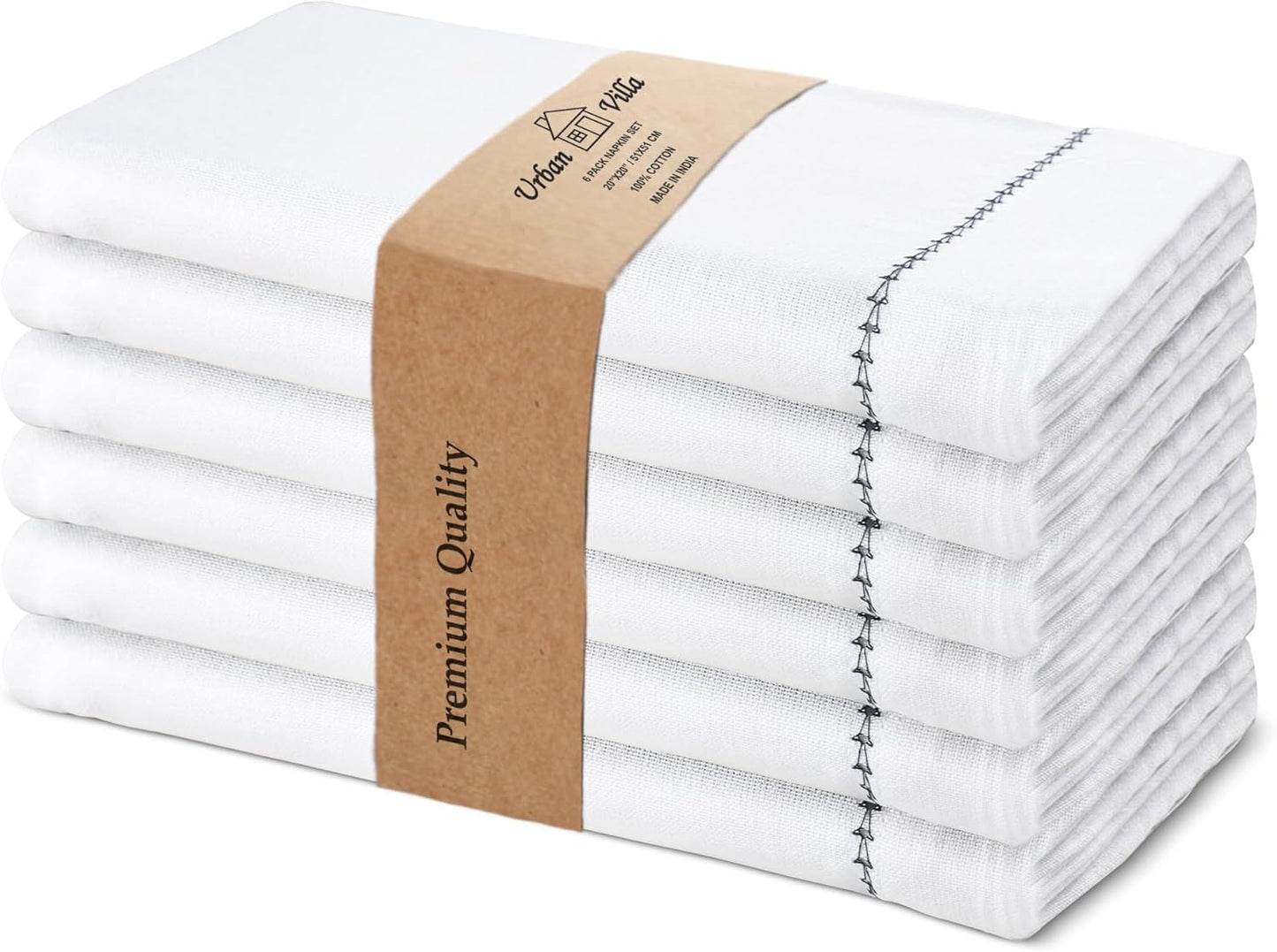 Urban Villa Cloth Napkin Set of 6 Hemstitch White Black 20x20 Inches Premium Soft Cotton Highly Absorbent Reusable & Washable Dinner Table Napkins for Home and Weddings