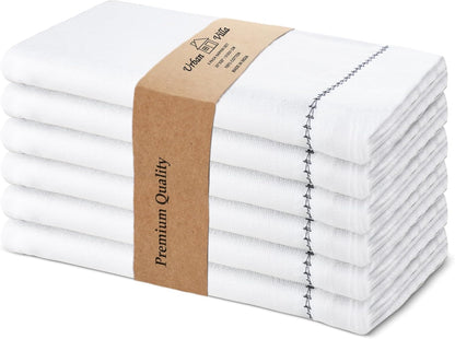 Urban Villa Cloth Napkin Set of 6 Hemstitch White Black 20x20 Inches Premium Soft Cotton Highly Absorbent Reusable & Washable Dinner Table Napkins for Home and Weddings