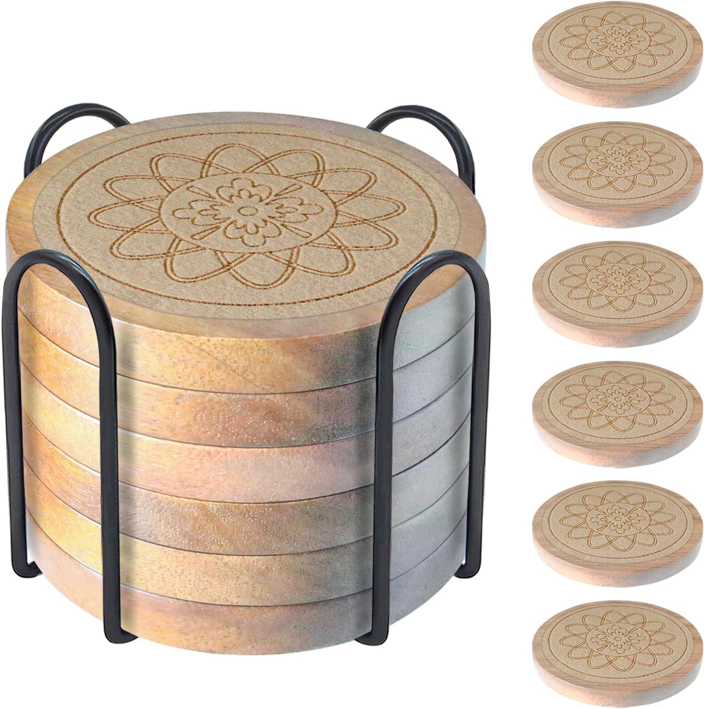 Wood Coasters for Drinks Housewarming Gifts for Home Decoration Absorbent Coasters with Holder for Coffee Tabletop Protection 4.3 Inch Beige