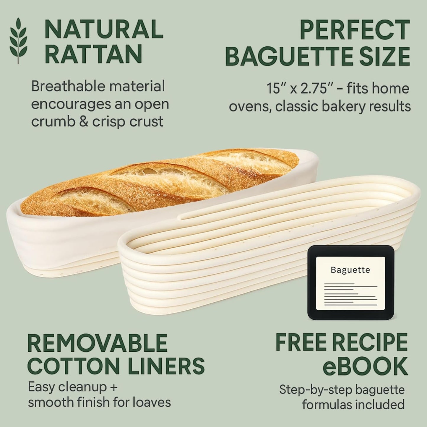 15 Inch Baguette Proofing Basket Set of 2 with Cotton Liners & Baguette Recipe eBook- Handcrafted Natural Rattan Banneton Bread Proofing Baskets for Sourdough- French Bread & Dough Rising