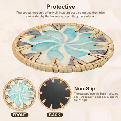 uxcell 2Pcs Handmade Woven Rattan Coasters, Heat-Resistant Drink Coasters for Coffee Table Dining Room Kitchen Coffee Wine Decor, Blue Water Drops