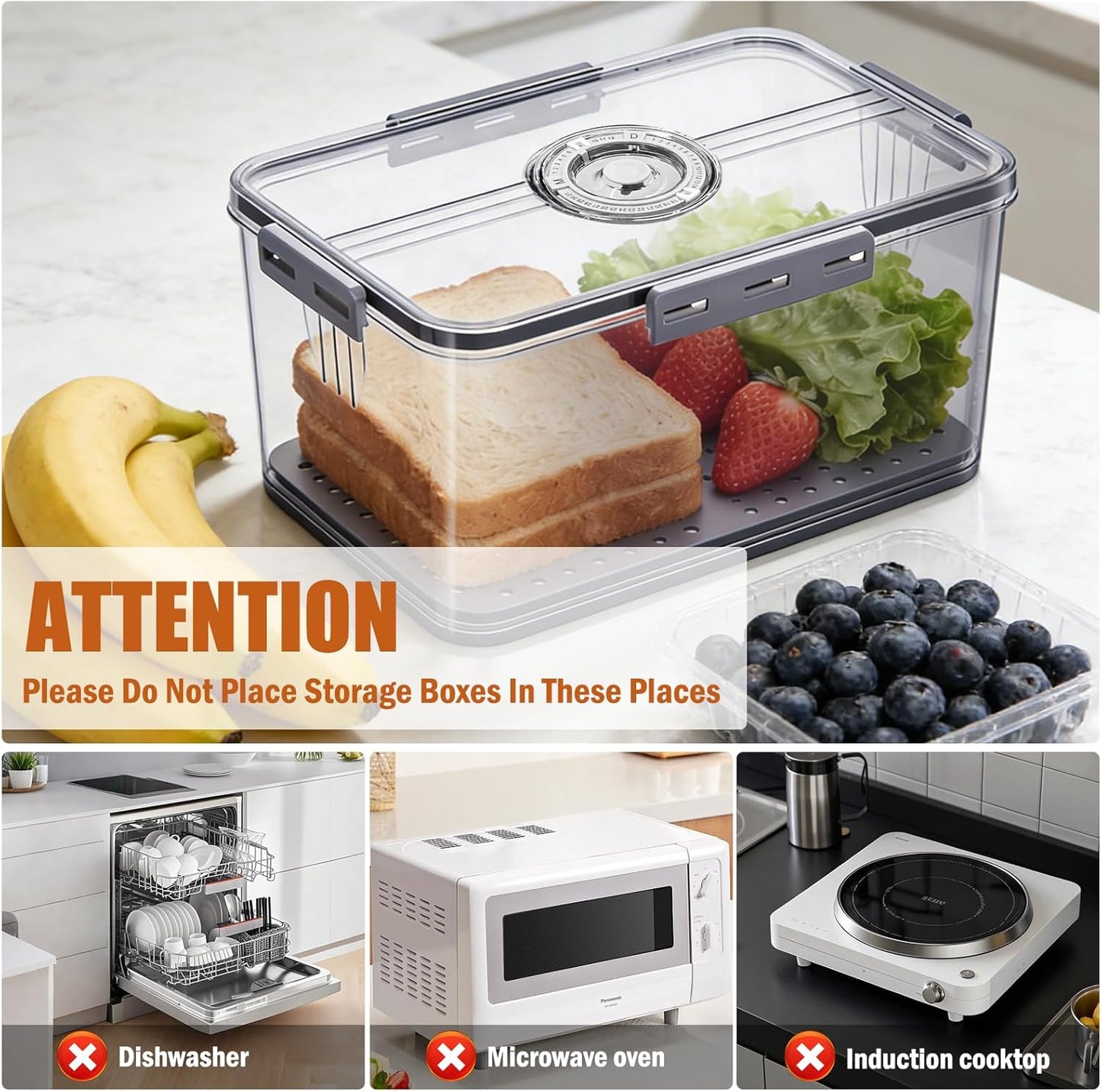 2 Pcs Airtight Bread Box with Date Indicator Lid, Kitchen Counter Bread Storage Container, Portable Bread Boxes for Homemade Bread, Toast, Bagel, Donut, Cookies and Fruit (Grey)