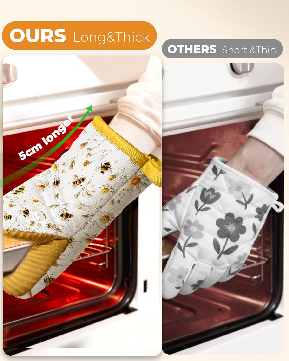 Slohif Bee Mini Oven Mitts Set – Yellow Extended Short Heat Resistant Kitchen Gloves for Women, 100% Cotton Oven Mitts with Silicone Grips, Non-Slip and Thick Durable for Cooking & Baking
