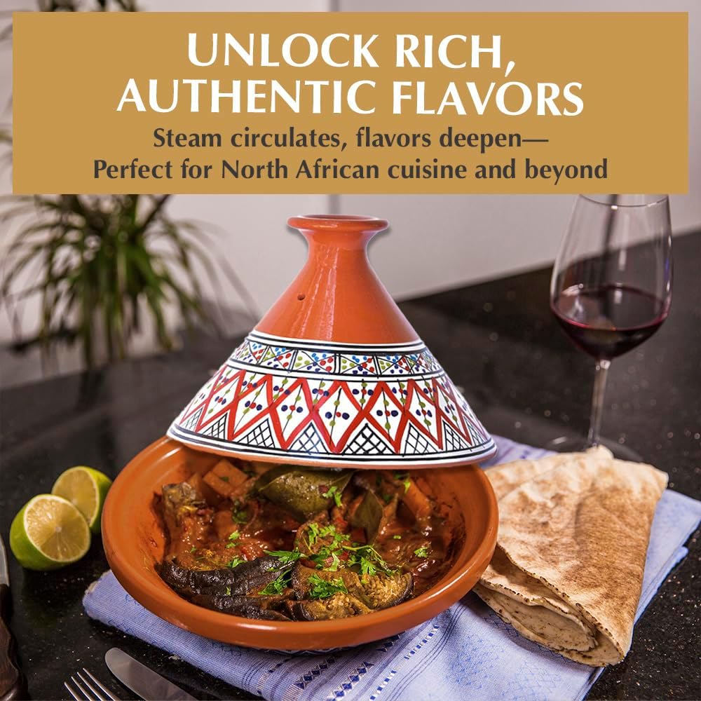 Kamsah Tagine Pot for Cooking and Flavor Enrichment - Medium Clay Pot 10”, 3.1 QT - Non-Stick Handmade Cookware - Moroccan Ceramic Pots for Cooking with Lid & Serving Bowl - Bohemian Classic Red