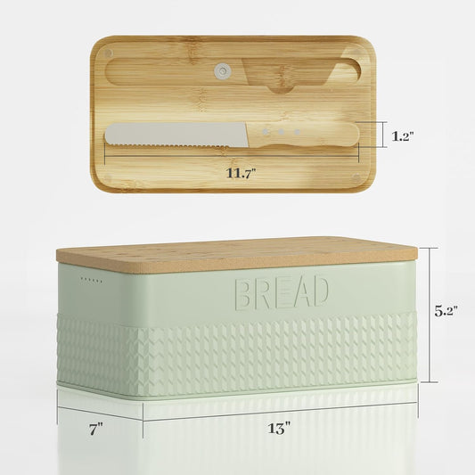 Bread Box for Kitchen Countertop - Metal Bread Storage with Bamboo Cutting Board Lid & Bread Knife, Corner Bread Container for Homemade Bread and Toast, Green