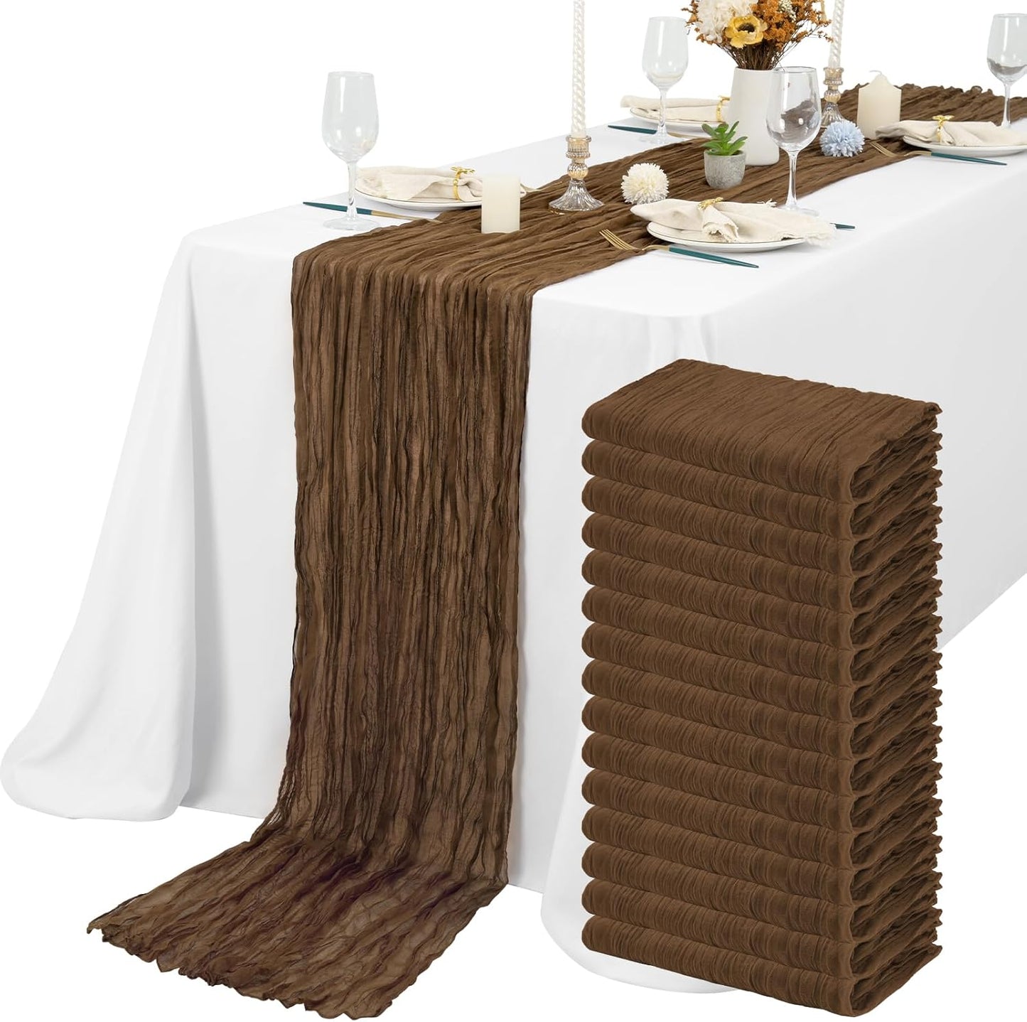 15 Packs Cheesecloth Table Runner Brown,10 Ft Rustic Gauze Boho Wedding Table Runner Decoration, Wedding Table Decor Table Cloth for Wedding Party Bridal Shower Table,21.5x120in