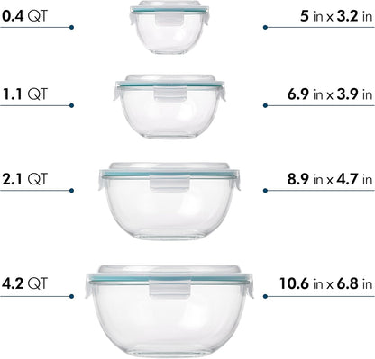Glasslock Mixing Bowl with Latching Lids 8-Pieces Set – Airtight, Leakproof, BPA Free Lids, Nesting, Meal Prep, Baking, Salad, Food Storage & Serving Bowl, Microwave, Fridge & Freezer, Dishwasher Safe