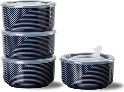 Ceramic Bowls with Lids: 20 oz Microwave Safe Food Storage Containers for Soup, Salad, Cereal, Leftovers, Meal Prep, Lunch, Picnic, Camping, Serving - Airtight, Navy, Set of 4