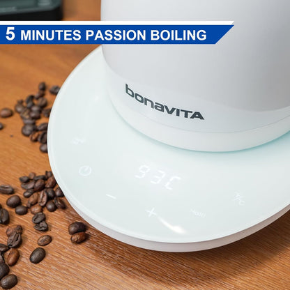 Bonavita Cosmopolitan 1.0L Gooseneck Electric Kettle, Stainless Steel Water Boiler for Coffee Brew and Tea Precise Pour Control, 6 Preset Temps, Glass Touch Panel, 1200W Fast Boil, White