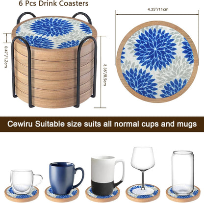 Wood Coasters Set of 6 with Holder, Cewiru Cup Mat for Drinks, Absorbent Coasters with Felt Insert for Coffee Table Protection, Modern Style Home Dining Table Decor, 4.3" Blue