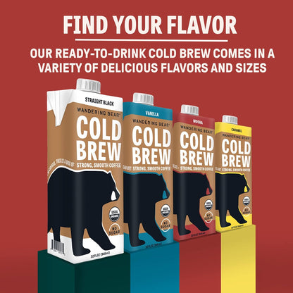 Wandering Bear Organic Mocha Cold Brew Coffee - Strong, Bold, Smooth, Unsweetened, Shelf-Stable, Ready to Drink, Gluten Free, & Vegan Iced Cold Brewed Coffee Drink - 32 fl oz, 6 pack