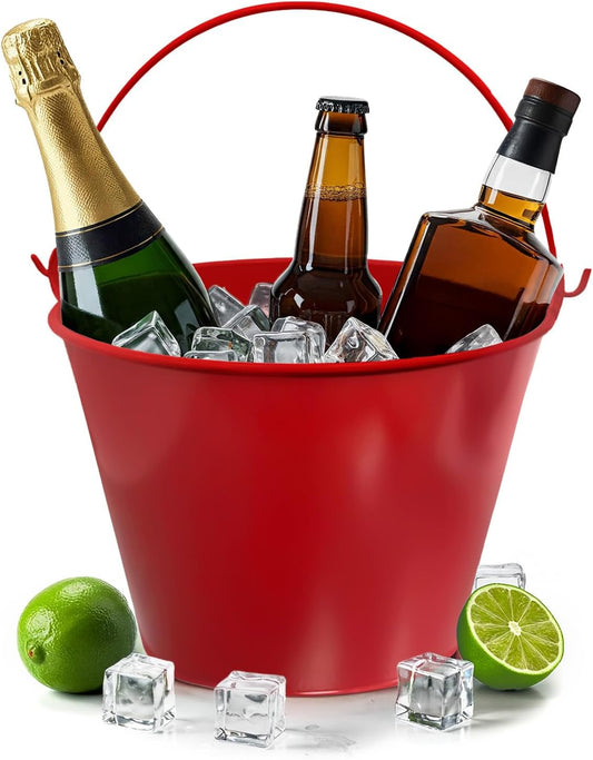 PLEXON Galvanized Metal Ice Bucket for Parties Coctail Bar Restaurant - Drink Beer Champagne Bucket with Handle, Beverage Chiller Cooler Small 1.3 Gallon, Red
