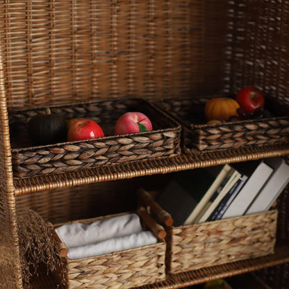 Water Hyacinth Woven Serving Tray Rectangular Hand-Woven Wicker Storage Trays for Coffee/Breakfast/Dessert/Fruit/Bread (Brown-Small)