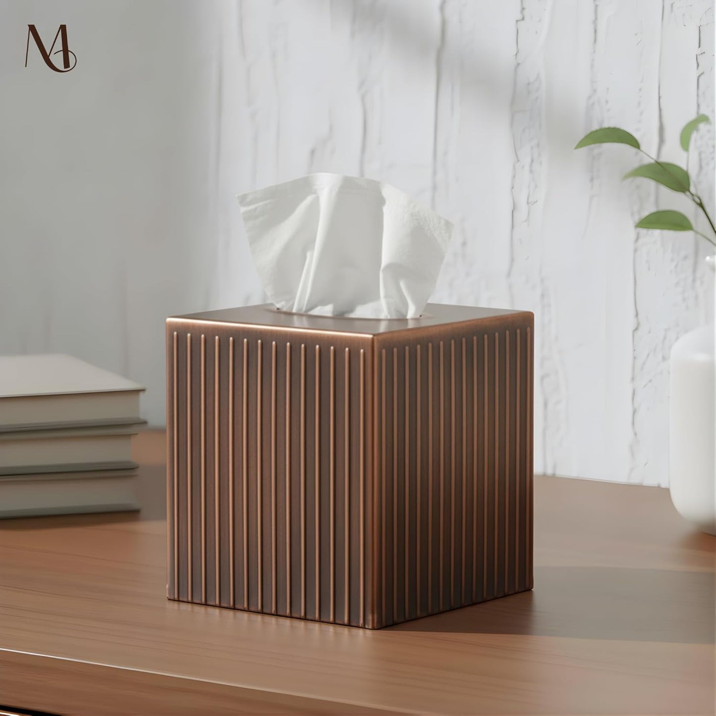Monarch Abode Tissue Box Cover Square – Handcrafted Ridge Embossed Antique Copper Metal Tissue Holder Box for Bathroom Accessory, Aesthetic Decorative Facial Napkin Cube for Modern Home Decor